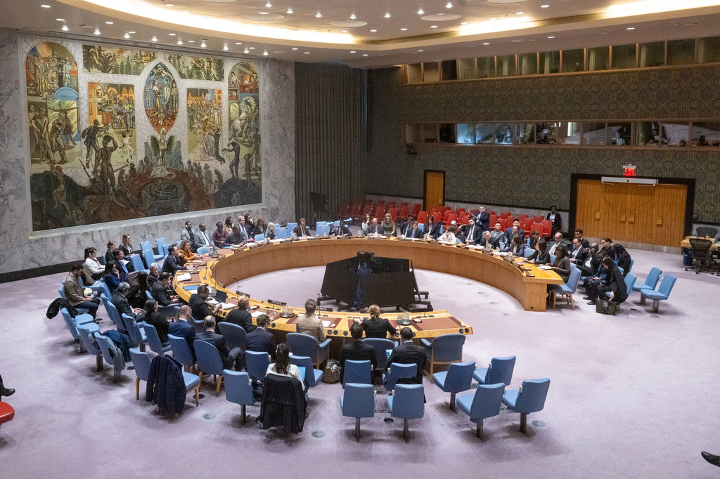 联合国安理会关于维护乌克兰和平与安全的会议全景。